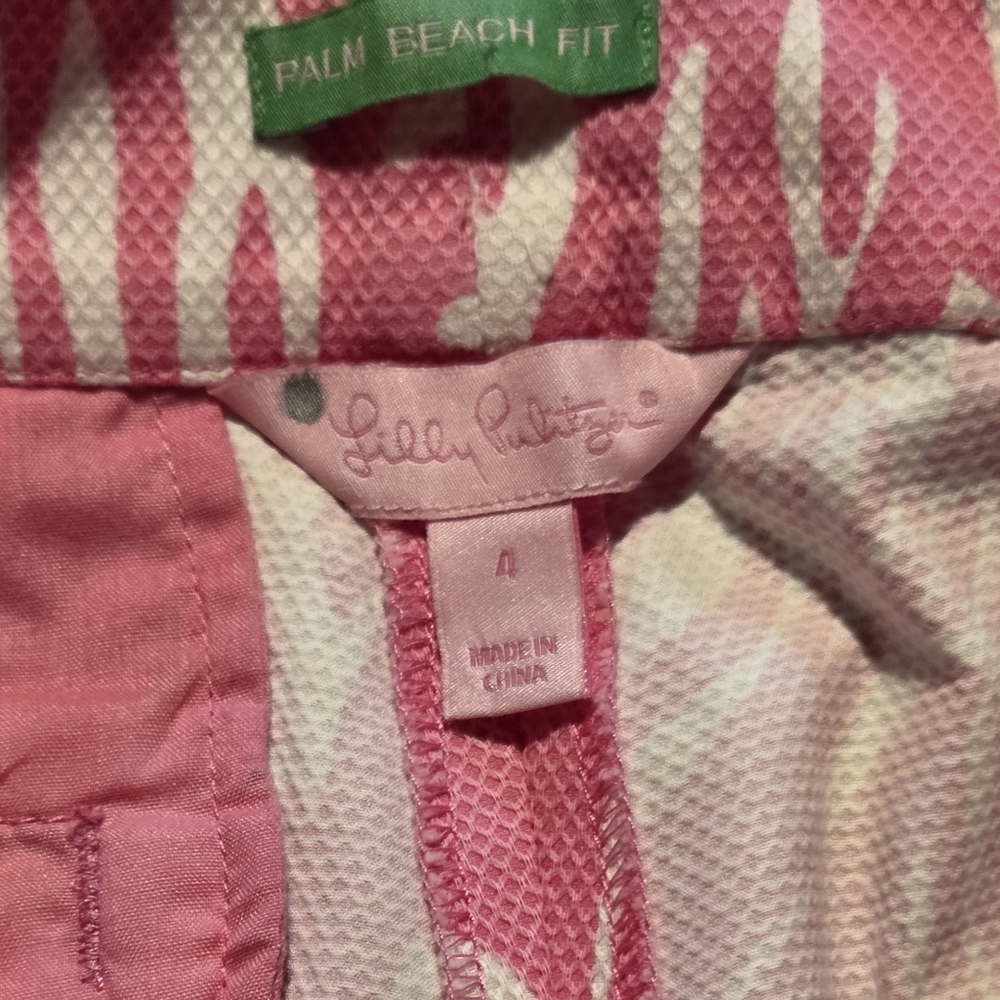 Lilly Pulitzer Palm Beach Fit Cropped Pants Pink Palm Sz 4 Gold Button Preppy - Picture 5 of 12
